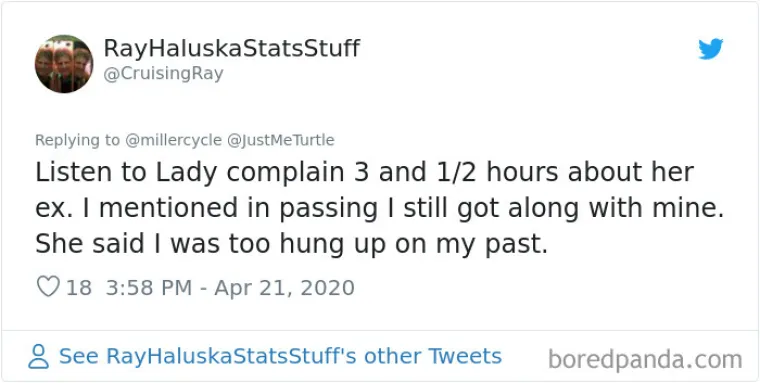 Tri i pol sata slu&scaron;ao sam ju kako se žali o svom biv&scaron;em. Usput sam rekao da sam sa svojom biv&scaron;om curom u dobrim odnosima. Rekla mi je da se previ&scaron;e držim za svoju pro&scaron;lost