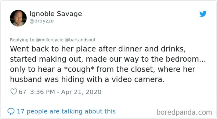 Vratili smo se u njenu kući nakon večere na par pića. Počeli smo se ljubiti, pre&scaron;li smo u spavaću sobu. Onda sam čuo ka&scaron;alj iz ormara, gdje se njen muž skrivao s kamerom