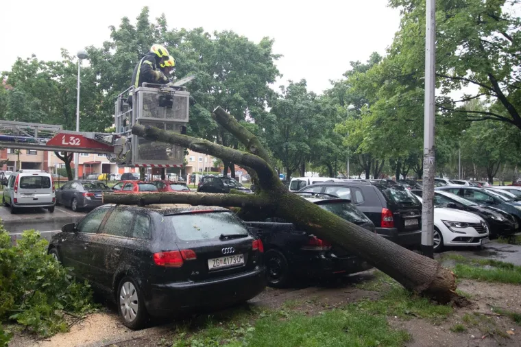 Vatrogasci imaju pune ruke posla: Nevrijeme sru&scaron;ilo stablo na parkirane aute u Zagrebu