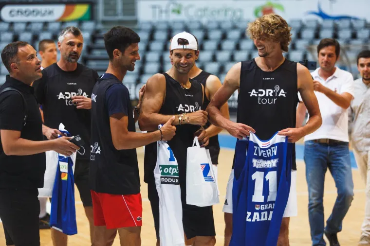 18.06.2020., Zadar - Zvijezde Adria Toura odigrale prijateljsku utakmicu s kosarkasima KK Zadar. Novak Djokovic, Goran Ivanisevic, Grigor Dimitrov, Alexander Zverev. 
Photo: Marko Dimic/PIXSELL
