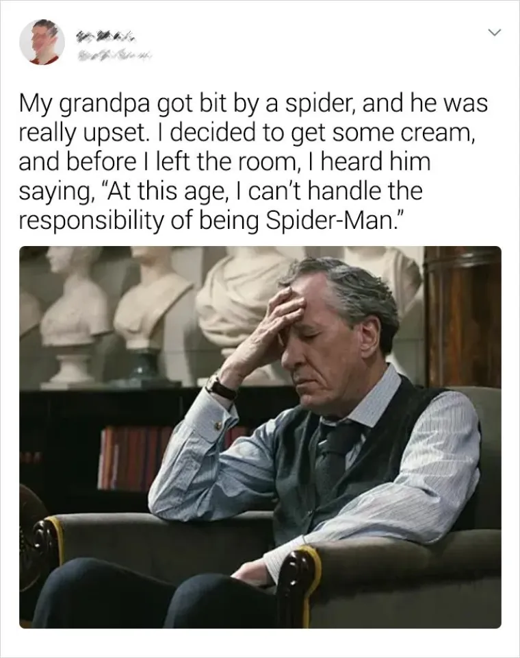 Djeda je ugrizao pauk i on se jako uzrujao. Donijela sam mu neku kremu za to, a dok sam izlazila iz sobe, čula sam kako govori: "U ovim godinama ne mogu preuzeti odgovornost da budem Spiderman."