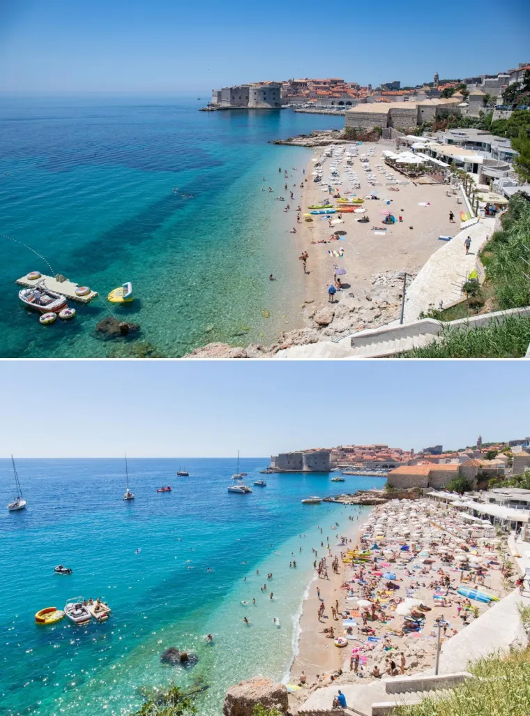27.06.2020., Dubrovnik  - Kombo fotografija plaže Banje tijekom turističke sezone 2016. godine te 2020. godine tijekom pandemije koronavirusa.