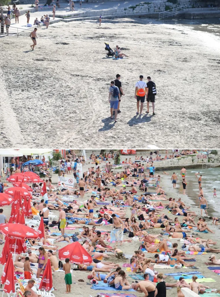 30.06.2020., Split - Kombo fotografija plaže Bačvice tijekom turističke sezone 2016. godine te 2020. godine tijekom pandemije koronavirusa.