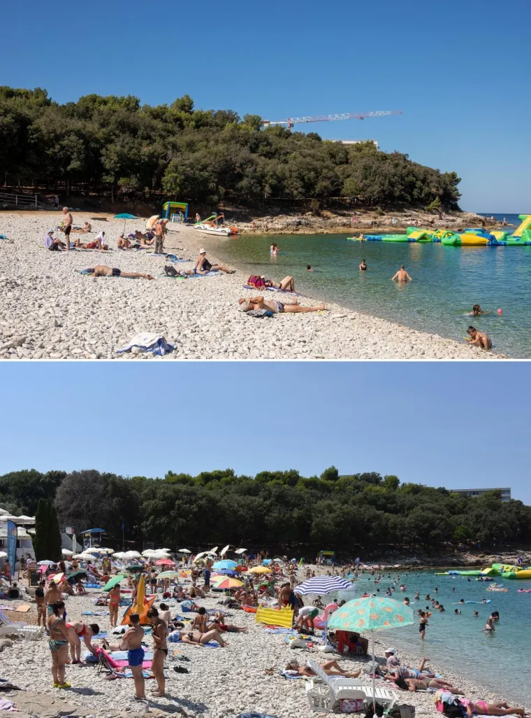 30.06.2020., Pula - Kombo fotografija plaže Ambrela tijekom turističke sezone 2013. godine te 2020. godine tijekom pandemije koronavirusa.
