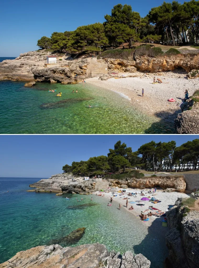 30.06.2020., Pula - Kombo fotografija plaže Havajska tijekom turističke sezone 2013. godine te 2020. godine tijekom pandemije koronavirusa.