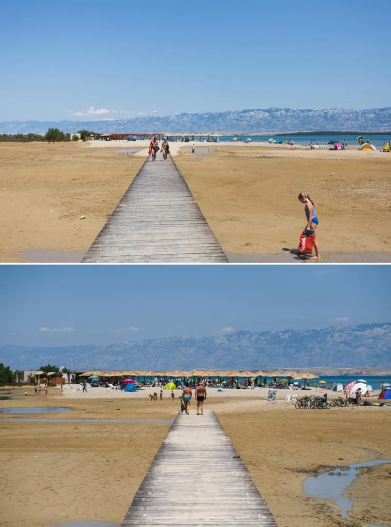 27.06.2020., Zadar - Kombo fotografija plaže tijekom turističke sezone 2018. godine te 2020. godine tijekom pandemije koronavirusa.