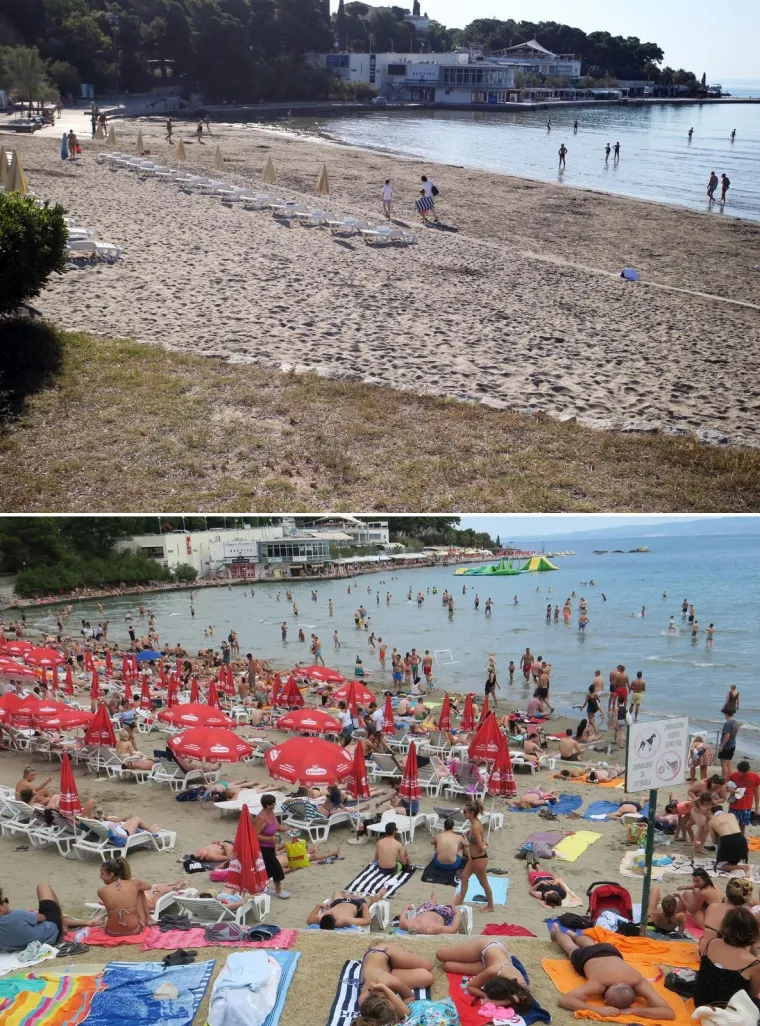 30.06.2020., Split - Kombo fotografija plaže Bačvice tijekom turističke sezone 2016. godine te 2020. godine tijekom pandemije koronavirusa.
