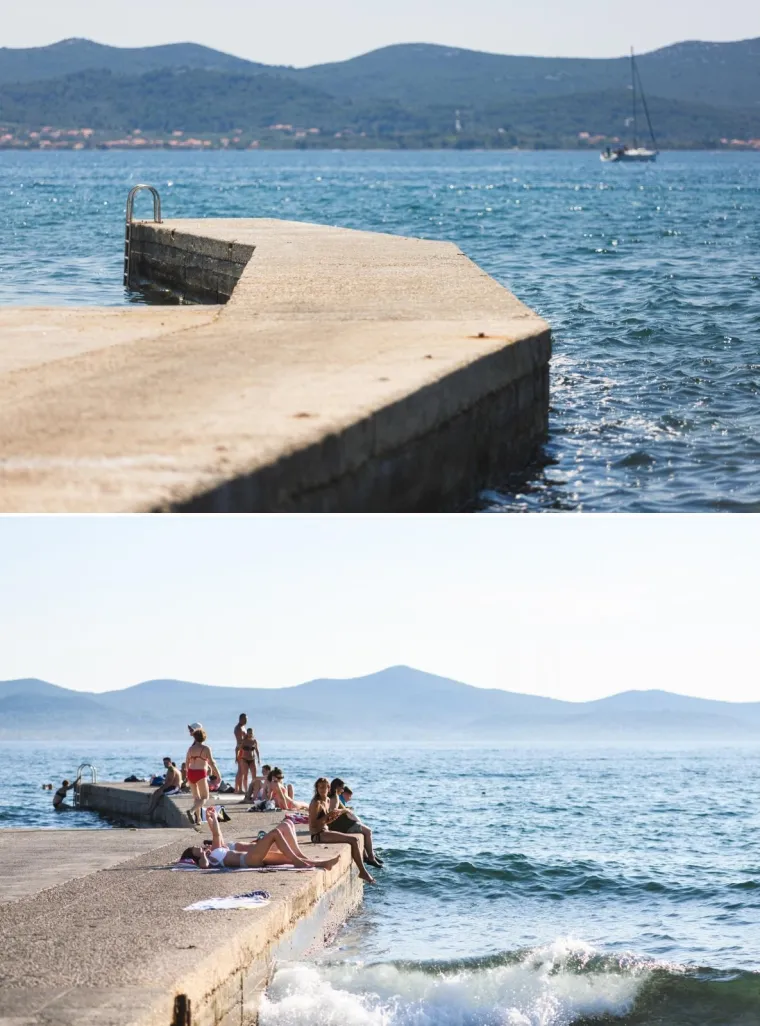 27.06.2020., Zadar - Kombo fotografija plaže tijekom turističke sezone 2018. godine te 2020. godine tijekom pandemije koronavirusa.