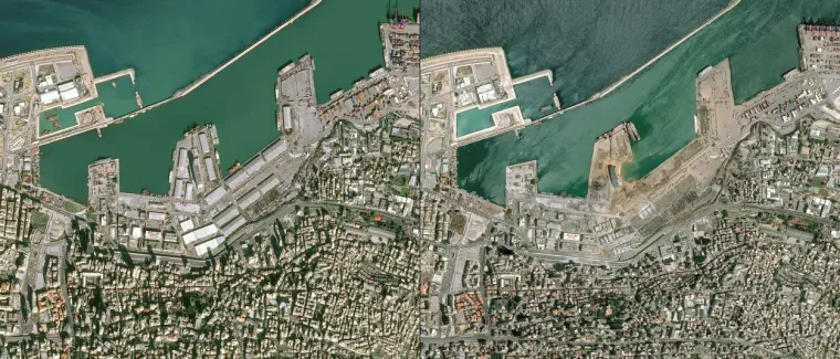 Na fotografijama je vidljivo kako je luka u Bejrutu gotovo izbrisana s lica Zemlje i kako su obližnji dijelovi grada pretrpjeli nepopravljivu štetu. Foto: AFP/CNES/Profimedia