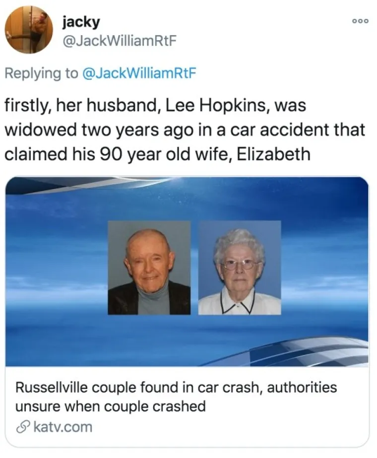 Njezin je 70 godina stariji suprug Lee postao udovac 2018., kada je njegova biv&scaron;a supruga Elizabeth poginula u prometnoj nesreći u dobi od 90 godina.