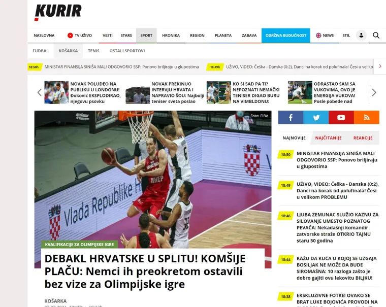 Srpski mediji: 'Debakl Hrvatske u Splitu. Hrvati plaču! Nijemci ih ostavili bez vize za Olimpijske igre