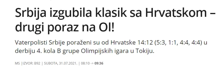 &quot;Srbija izgubila klasik s Hrvatskom - drugi poraz na OI&quot;, piše B92.