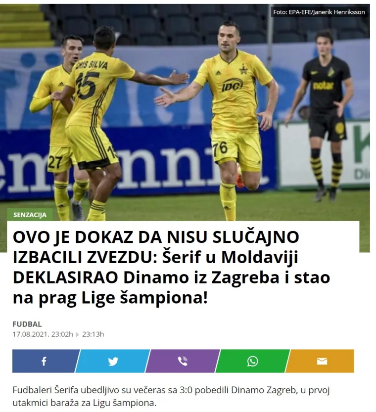 Evo što srpski mediji pišu nakon Dinamovog teškog poraza u Moldaviji