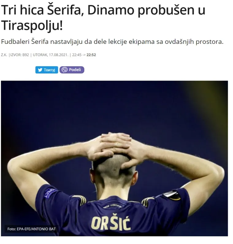 Evo što srpski mediji pišu nakon Dinamovog teškog poraza u Moldaviji