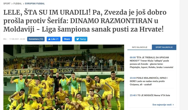 Evo što srpski mediji pišu nakon Dinamovog teškog poraza u Moldaviji