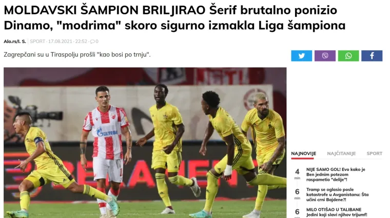 Evo što srpski mediji pišu nakon Dinamovog teškog poraza u Moldaviji