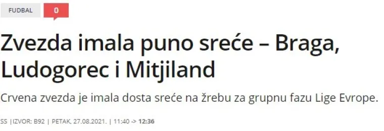 Pogledajte što pišu nakon 'laganog' ždrijeba za Crvenu zvezdu: 'Imali smo sreće, izbjegli smo Dinamo. Širom su nam otvorena vrata europskog proljeća...'