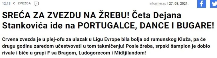 Pogledajte što pišu nakon 'laganog' ždrijeba za Crvenu zvezdu: 'Imali smo sreće, izbjegli smo Dinamo. Širom su nam otvorena vrata europskog proljeća...'