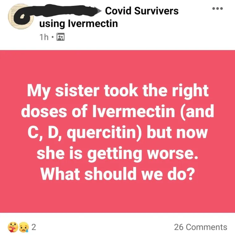 1. &apos;Čudotvorni&apos; lijek koji ne radi - drama na Facebook grupi koja okuplja ljude koji su Covid liječili lijekom protiv parazita: &apos;Sestra mi je uzela pravu dozu Ivermektina (plus vitamina C, D i kverticina), ali sve joj je gore. Što da radimo?&apos;