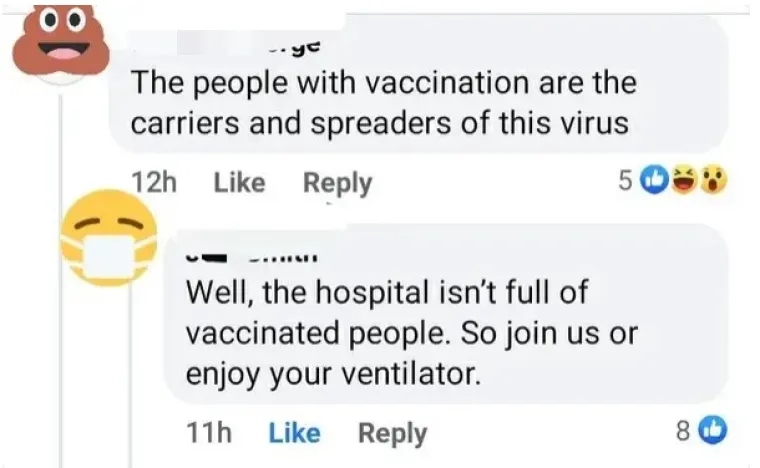 5. Argument &apos;i cijepljeni ljudi šire virus&apos;: Korisnik Facebooka zaključio je kako su cijelpljeni ljudi nositelji i širitelji virusa na što je dobio odgovor: &apos;A gle, bolnice nisu pune cijepljenih ljudi pa pridruži nam se ili uživaj na svom respiratoru.&apos;