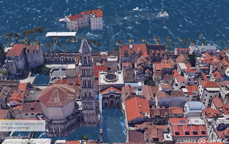 Split nakon ograničenog smanjivanja zagađivanja, s 2 stupnja toplijom globalnom klimom