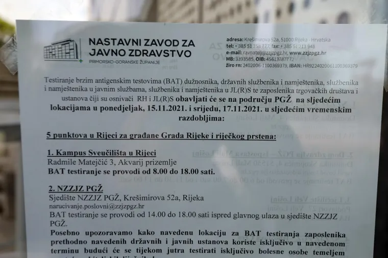 U Rijeci počelo testiranje na covid državnih i javnih dužnosnika