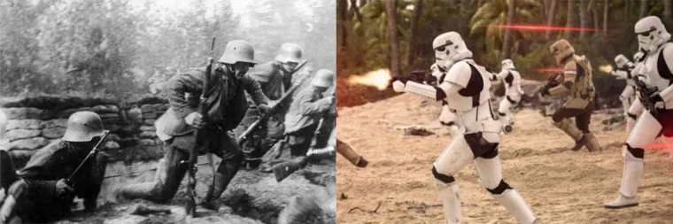 1. Stormtrooperi su elitni njemački vojnici iz Prvog svjetskog rata: Nje teško zaključiti da je Galaktički imperij alegorija Trećeg Reicha, no nadahnuće za njegovu vojsku dolazi iz Prvog svjetskog rata. Stormtrooperi su izravan engleski prijevod Sturmtruppena, elitnih jedinica njemačke vojske koje su osmišljene kako bi probijale obrambene crte i jurišale na neprijateljske rovove. Birane su među običnim vojnicima koji su se istaknuli fizičkom spremom i srčanošću i bili su prilično uspješni u osvajanju neprijateljskih položaja. 