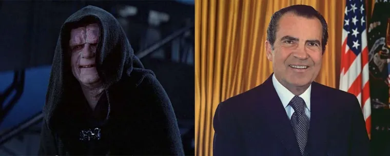 3.Palpatine je zapravo Richard Nixon:
Fanovi su povlačili paralele između Palpatinea i raznih diktatora – od sovjetskih vođa i Pinocheta do raznih osoba nacističke Njemačke. No Lucas je bio prilično izravan na kome temelji najzlokobniji lik svoje sage.  Na pitanje je li Palpatine bivši jedi, odgovorio je: &quot;Ne, on je bio političar. Zove se Richard Nixon. Podrivao je senat i konačno prevladao i postao imperijalni lik i zaista je bio zao. Ali se pretvarao da je zapravo dobar lik. Odvukao je Lukovog oca na tamnu stranu&quot;, rekao je, a u kasnijem intervjuu za Chicago Tribune i elaborirao. 
&quot;Zapravo, stvar je bila u Vijetnamskom ratu, a tada je bilo razdoblje kada se Nixon kandidirao za drugi mandat što me nagnalo na razmišljanje: kako demokracije postaju diktature? Jer demokracije ne nestaju u prevratima nego se od njih odustane&quot;, rekao je. 