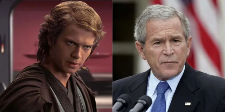 9. Anakin citira Georga W. Busha gotovo riječ za riječ 
Kako je u vrijeme premijere Osvete Sitha rat u Iraku bio svjež, mnogi su podvlačili paralele, a Lucas, iako je priznao određene sličnosti, istaknuo je kako nije u pitanjui alegorija. 
&quot;Kako idete kroz povijest, nisam mislio da će biti toliko slično. To je jedna od stvari koja se ponavlja. Nadam se da se to neće dogoditi u našoj zemlji. Možda film osvijesti situaciju kod ljudi. Kad sam ga napisao (film), rat u Iraku još nije postojao. Paralele između onoga što smo napravili u Vijetnamui i što sada činimo u Iraku su nevjerojatne&quot;, rekao je.  
No u najmanje jednoj sekvenci, Anakin citira Busha. &quot;Ako nisi s nama, onda si moj neprijatelj&quot;, govori Anakin Obi-Wan Kenobiju. Američki predsjednik je pak jednom prilikom jasno poručio: &quot;Ili ste s nama, ili ste s teroristima.&quot; 
