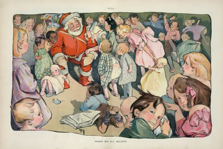 6. Djedica je u mladosti bio prilično divlji:  Nizozemski Sinterklaas i Father Chrismass polako su se spajali i na Starom kontinentu, no njihovo poistovjećivanje počelo je i završilo u Americi. Anglizirana verzija imena prvi put se pojavljuje 1773., a sv. Nikola, tj. Santa Claus je već tada izgubio biskupski štap. Do 1809., kada se opisuje u „Povijesti New Yorka“, postao je karikatura nizozemske kulture u tom gradu. Prema prvom prikazu, Santa Claus je debeli nizozemski mornar, u zelenom kaputu i s lulom. Lik s kojim bi prije plašili djecu umjesto da mu ih stavljate u krilo trebao je služiti kao upozorenje protiv blagdanske neumjerenosti jer su u dijelovima mlade američke nacije puritanci bili još itekako utjecajni, a ni bogatoj klasi nije baš bila mila ideja masa koja pod okriljem božićnih običaja pijana obilazi kuće, a još manje mladi koji se upuštaju u predbračni seks.
