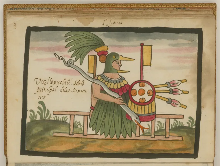 5.Huitzilopochtli:
Astečka majka-božica Coatlicue našla je pera koja su pala s neba i ostala trudna kada ih je zatakla za pas. Zgroženi njenom sumnjivom trudnoćom, njenih 400 sinova i kći su je ubili, ali bilo je prekasno. Iz njene utrobe iskočio je Huitzilopochtli, bog sunca i rata, odrastao i potpuno naoružan. 
