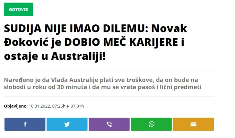 Evo što srpski mediji pišu nakon što je australski sud Đokoviću dodijelio vizu