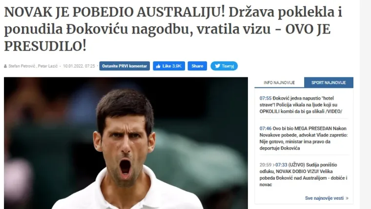 Evo što srpski mediji pišu nakon što je australski sud Đokoviću dodijelio vizu