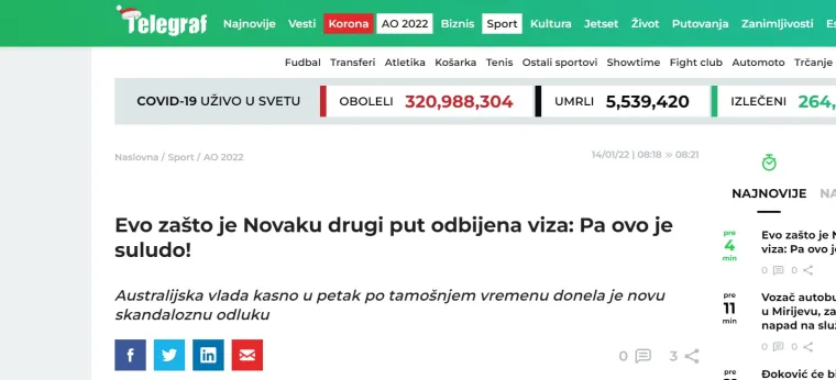 Prve reakcije srpskih medija nakon &scaron;to je Đokoviću opet ukinuta viza: '&Scaron;ok vijesti, privode Novaka i tjeraju ga iz zemlje'