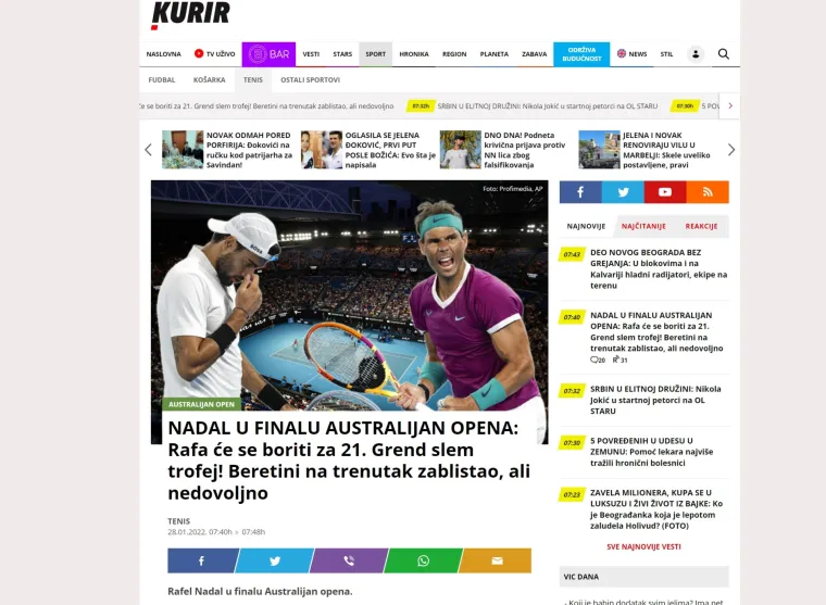Srbima te&scaron;ko pale vijesti iz Australije, pogledajte &scaron;to pi&scaron;u nakon Nadalova plasmama u finale