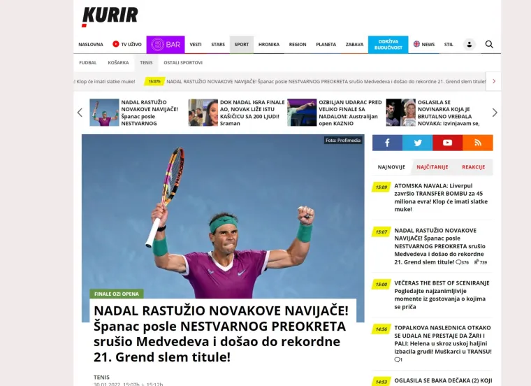 Srpski portali nisu dobro primili vijesti iz Australije, morali su priznati da je Rafa kralj, pogledajte što pišu