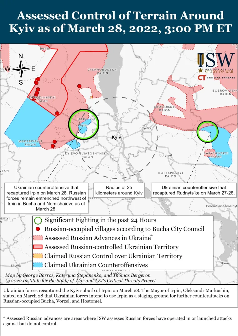 Dan 33.: Ukrajinska vojska oslobodila je Irpin, grad sjeverozapadno od Kijeva. Ukrajinski protunapadi onemogućili su ruske napore da nastave s poku&scaron;ajem okruživanja glavnog ukrajinskog grada