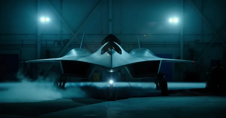 Futuristički borbeni avion zapanjujući je uvod u hiperrealnu estetiku filma. 