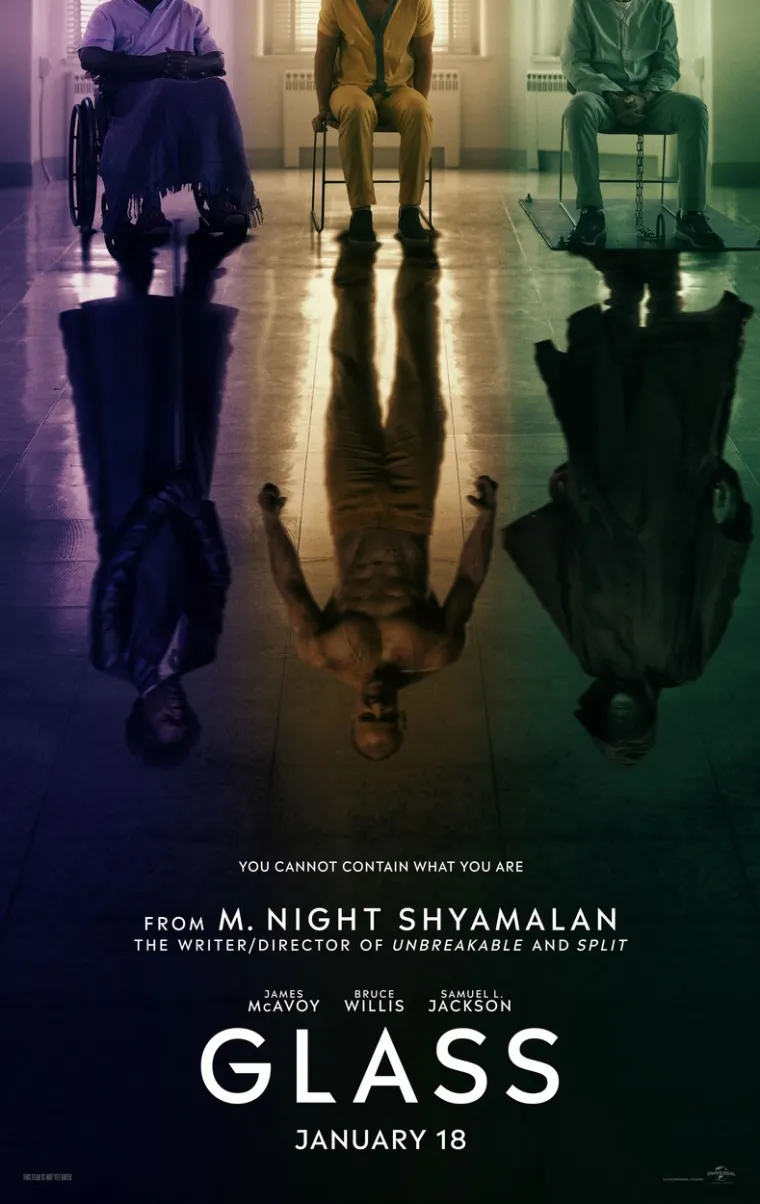 &quot;Glass&quot; je američki superherojski film iz 2019. - on je crossover i nastavak Shyamalanovih prethodnih filmova &quot;Neslomljivi&quot; i &quot;Podvojen&quot; te treći i posljednji nastavak u trilogiji &quot;Unbreakable&quot;, a prati zaštitara Davida Dunna koji koristi svoje nadnaravne sposobnosti kako bi pratio Kevina Wendella Crumba, čovjeka koji ima 24 osobnosti.