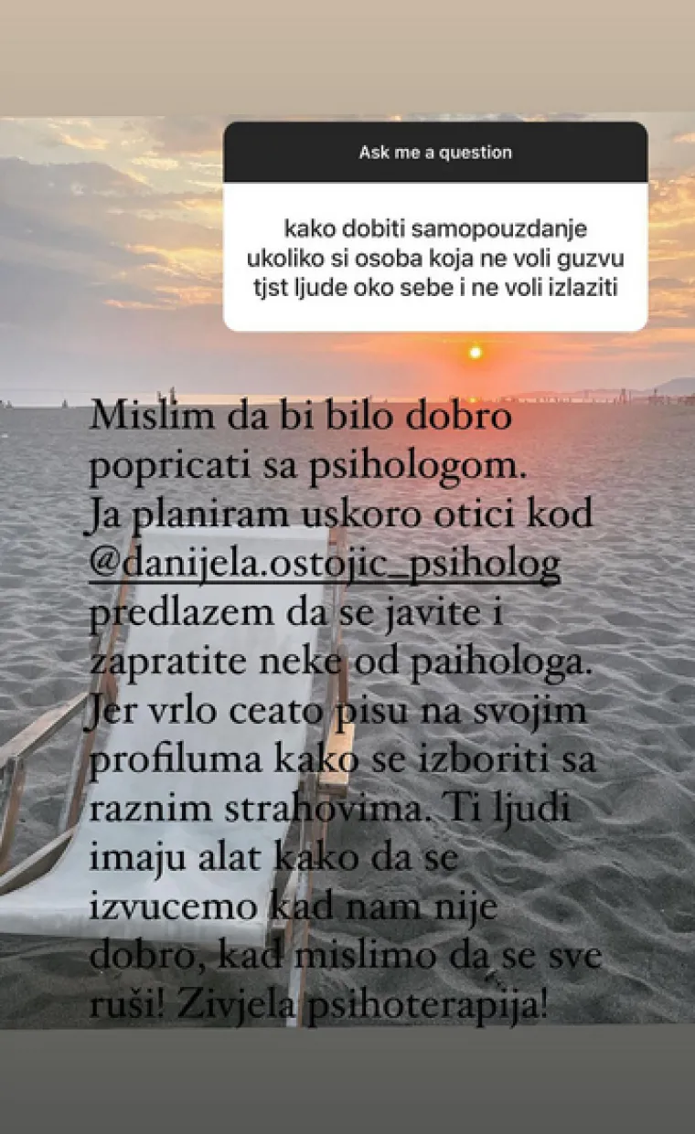 Pratiteljima je Stankica priznala i da planira posjetiti psihologa, a otkrila je i razlog. &quot;Planiram uskoro otići kod psihologa. Ti ljudi imaju alat kako da se izvučemo kad nam nije dobro, kad mislimo da se sve ruši. Živjela psihoterapija&quot;, zaključila je Stankica.