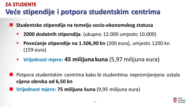 Studentima je vlada namijenila potpore kroz veće stipendije i potpore studentskim centrima, kako bi osigurala nepromijenjenu cijenu od 6,50 kuna u studentskim centrima, a ide se i na povećanje studentskih neoporezivih primitak s 15 na 24 tisuće kuna za primitke u 2022. godini.