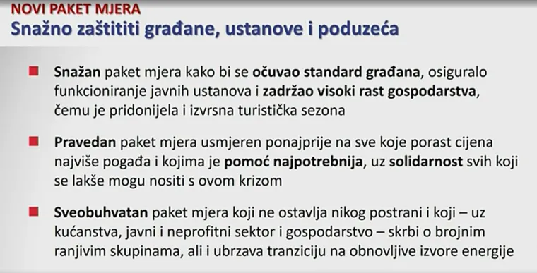 Poticat će se i izgradnja sunčanih elektrana, izgradnja toplinskih stanica i sl., a ukida se i PDV na isporuku i izgradnju solarnih ploča. Vlada će predložiti i uvođenje posebnog poreza na dobit onima koji u krizi ostvaruju značajnu dobit.