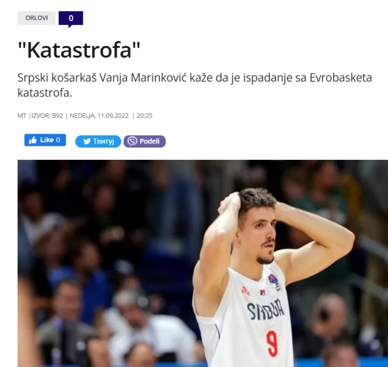 Potresi i u Srbiji zbog ko&scaron;arke: 'Sram vas bilo, ovo je bruka desetljeća, tragedija, crna sudbina. Rafal Talijana eliminirao je Orlove'