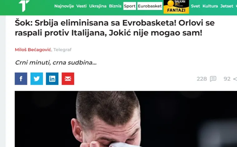 Potresi i u Srbiji zbog ko&scaron;arke: 'Sram vas bilo, ovo je bruka desetljeća, tragedija, crna sudbina. Rafal Talijana eliminirao je Orlove'