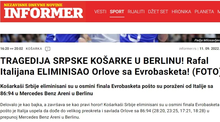 Potresi i u Srbiji zbog ko&scaron;arke: 'Sram vas bilo, ovo je bruka desetljeća, tragedija, crna sudbina. Rafal Talijana eliminirao je Orlove'
