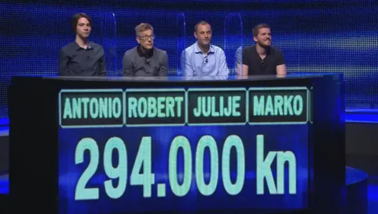 Puljanin Marko Veizović, Zadranin Julije Žigo, Splićanin Robert Lojpur i Dubrovčanin Antonio Mustahinić u 954. emisiji HTV-ova kviza nadmašili su lovca Krešimira Sučevića Međerala i osvojili rekordnih 294.000 kuna, odnosno 73.500 kuna po natjecatelju. 