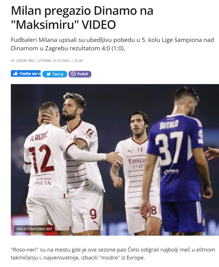 Regionalni mediji o porazu prvaka Hrvatske protiv Milana: 'Blamaža Dinama u Zagrebu, Milan je protutnjao'