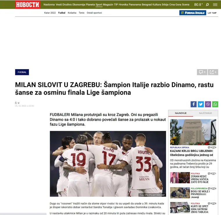 Regionalni mediji o porazu prvaka Hrvatske protiv Milana: 'Blamaža Dinama u Zagrebu, Milan je protutnjao'