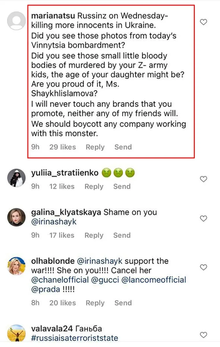Osim Irine, na prekid rata na društvenim mrežama pozvale su i ruske manekenke Viktorija Odintcova i Elena Perminova koje su na svojim profilima objavile crne fotografije. Svoje mišljenje iznijele su i brojne svjetske zvijezde poput Stephena Kinga, Cher, Angeline Jolie i mnogih drugih. Mnogi su oštro osudili ovakav Irinin potez.