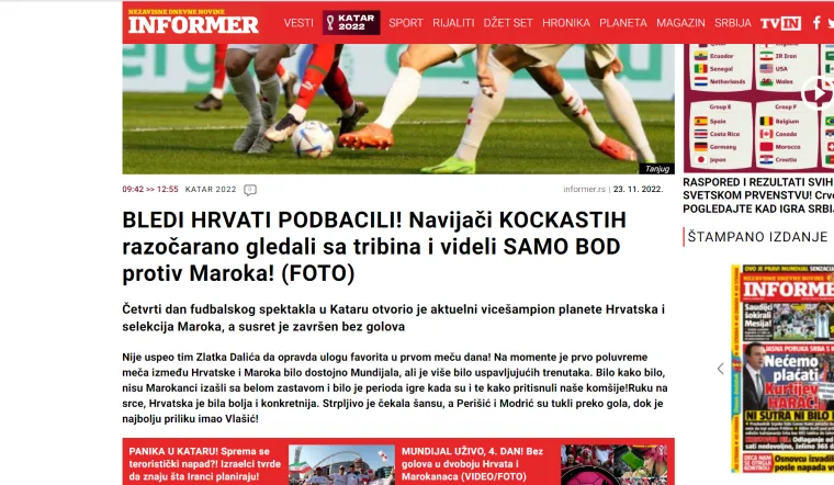 Pogledajte &scaron;to srpski mediji pi&scaron;u o nastupu Vatrenih: 'Hrvati kilavi u prvom meču na Mundijalu. Mogu biti sretni bodom'